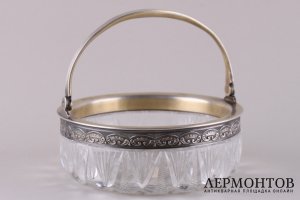 Конфетница с ручкой. Серебро 875 пробы, хрусталь. СССР, 1955 год.