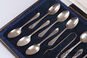 Набор кофейных ложек с щипцами. 1919 год. Серебро 925 пробы. Англия