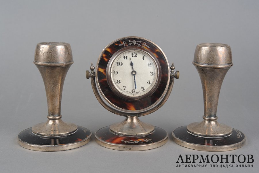 Подарочный набор -  часы и подсвечники. Англия, 1925 г. Серебро 925 пробы.
