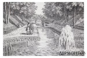Гравюра. И.Д. Финдорф. Два каскада с фонтанами близ загородной резиденции Людвигслуст