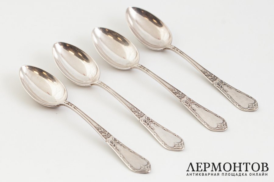 Чайные ложки 4 шт. Российская Империя, Н. Павлов, 1908-1917 гг.  Серебро 84 пробы.