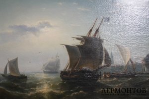 Картина Корабли в море. Голландия, художник Nicolaas Riegen Amsterdam 1827 - 1889, 19 в. Холст, масло.