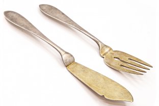 Сервировочный набор вилка и нож. СССР, 2 пол. 20 в. Серебро 875 пробы.