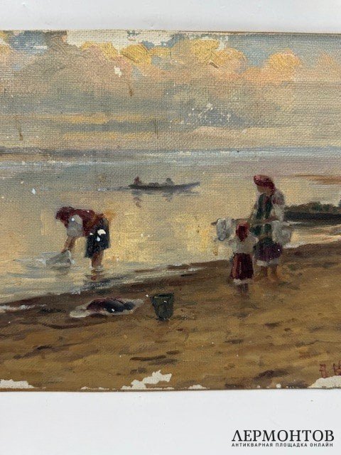 Картина «На речке». Картон, масло, В. И. Козловский, Россия, начало 20 века