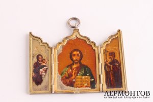 Складень. Господь Вседержитель. Богородица. Св. Владимир. Серебро 84. Россия, до 1917