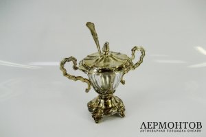 Емкость для горчицы. Серебро 950 пробы, стекло. Франция, XIX век.