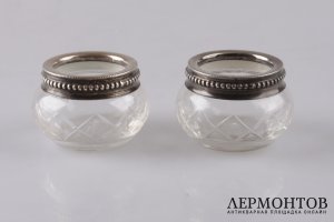 Пара солонок. Серебро 950 пробы, стекло. Франция, начало XX века.