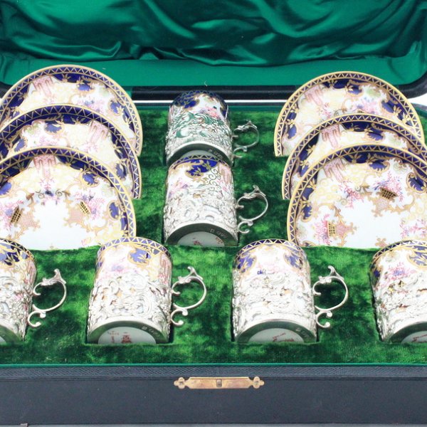 Кофейный сервиз Royal Crown Derby. Фарфор и серебро 925 пробы. Англия. Антиквариат