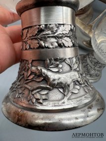 Крюшонница «Охота на кабана» с половником и 5 бокалами. Металл, WMF, ок. 1900