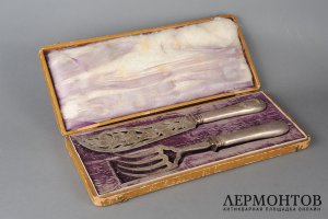 Набор Эгоист для рыбы в родной коробке. Франция, кон.19- нач. 20 в. Серебро 950 пробы