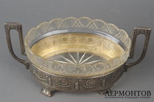 Вазочка для конфет и сладостей. Россия, 2 Артель. Серебро 84 пробы, хрусталь.