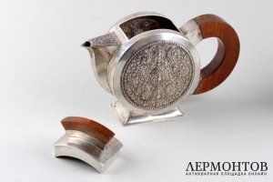Чайник в стиле ар деко с восточным мотивом. Серебро 900 пробы. Камбоджа