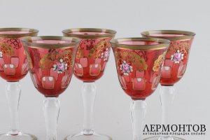 Комплект бокалов с изображением роз. Богемское стекло, полихромная роспись. 6 шт, винтаж.