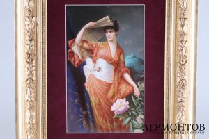 Пласт Девушка в японском кимоно. Фарфор, живопись. KPM, Германия , Conrad Kiesel.