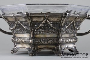 Ваза-фруктовница со стеклянной вставкой. Серебро 800 пробы, стекло. Германия