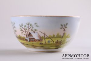 Чайная пара с сельским сюжетом. Россия, ф-ка Кузнецова. 1864-1889 гг. Фарфор, роспись.