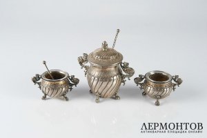 Набор для специй. Серебро 800, золочение, стекло. Европа, XIX.