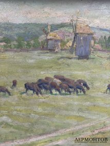 Картина «На пастбище». Оргалит, масло, Б. Е. Владимирский, Россия, начало 20 века