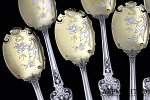 Сервировочный набор для десерта в футляре. Серебро 950 пробы. Франция