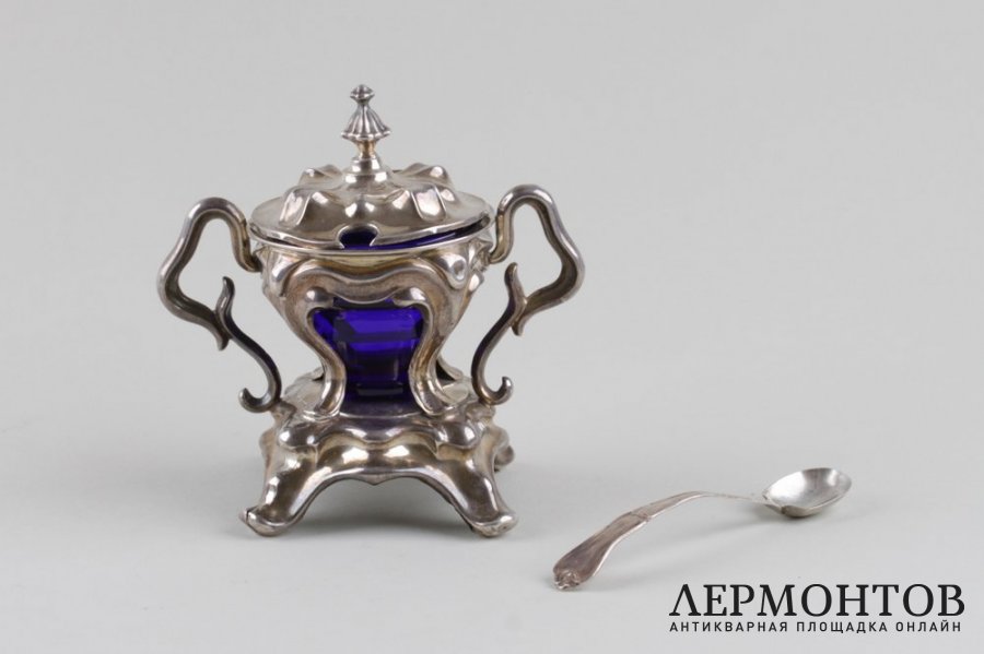 Горчичница с кобальтовым стеклом. Серебро 950 пробы. Франция, кон. XIX в.
