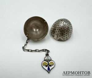 Ситечко для чая. Серебро 875 пробы, эмаль.