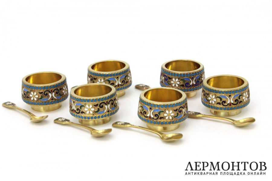 Набор из 6 солонок. Серебро, эмаль. Россия, Любавин, 1899-1917