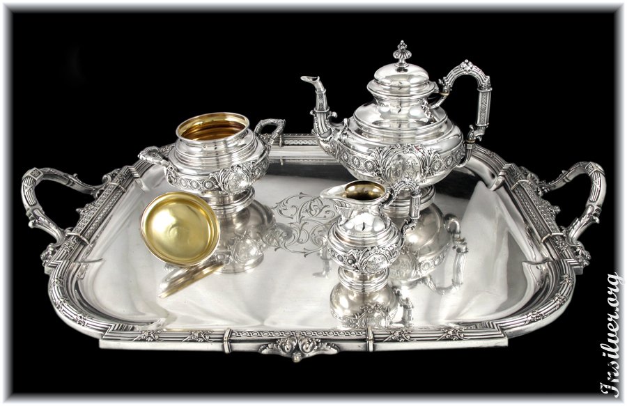 Чайный сервиз с подносом. Серебро 950. Франция