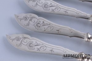 Комплект приборов для рыбы. Фирма О. Курлюкова. Серебро 84. Россия, 1908-1917 гг.