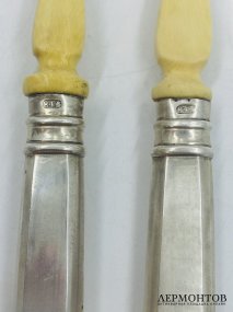 Ложка и вилка для салата. Серебро 84 пробы, кость, П. Овчинников, Россия, 1880-е годы