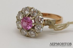 Золотое кольцо малинка с бриллиантами и розовым корундом. 583 пр. СССР, 1960-80е гг.