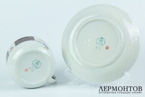 Большая чайная пара ВСХВ. Полонский фарфоровый завод, Украина. 1953 - 1957 гг. Фарфор, роспись.
