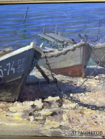 Картина «Лодки на причале». Холст, масло, СССР, середина 20 века