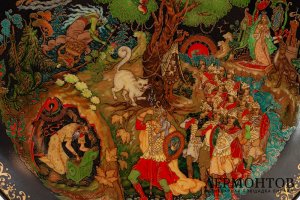 Тарелка Поэма Лукоморье. СССР, Палех, художник Роман Белоусов, 1989 г. Фарфор, деколь