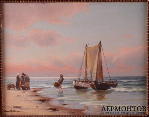 Картина. Рыбаки с уловом. Худ. Йонан Йенс Нойманн. Холст, масло. Дания, 1899 год.
