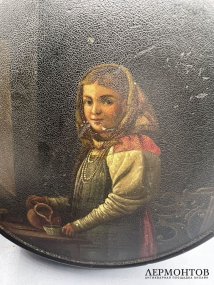 Шкатулка «Девочка с кувшином». Папье-маше, роспись, лак, мастерская Вишняковых, Россия, конец 19 века