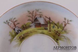 Чайная пара с сельским сюжетом. Россия, ф-ка Кузнецова. 1864-1889 гг. Фарфор, роспись.
