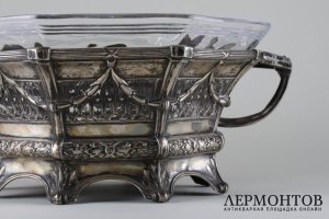Ваза-фруктовница со стеклянной вставкой. Серебро 800 пробы, стекло. Германия