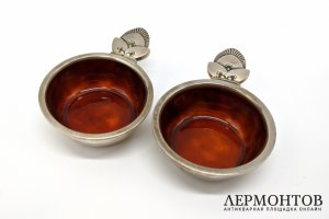 Парные солонки в стиле ар-деко. Серебро, эмаль. Дания, Georg Jensen, после 1945 года.