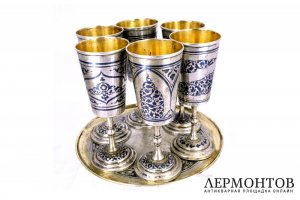 Коньячный набор. 6 стопок,  поднос. Серебро 875. СССР 