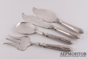 Крупный сервировочный набор из 4-х приборов. Франция, нач. 20 века. Серебро 950 пробы