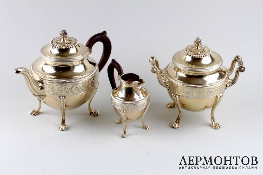 Чайный сервиз в стиле ампир. Aucoc. Серебро 950, золочение. Франция, XIX в.
