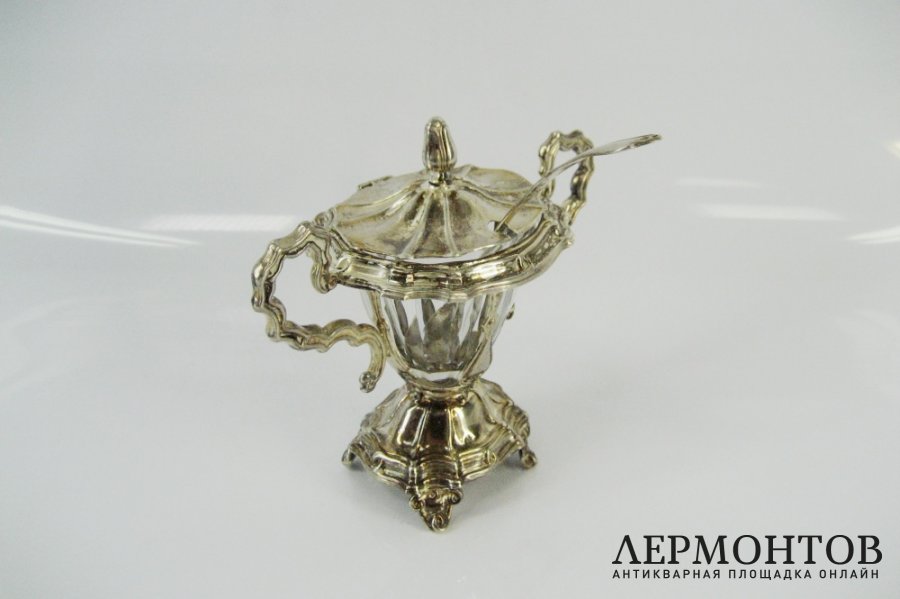 Емкость для горчицы. Серебро 950 пробы, стекло. Франция, XIX век.
