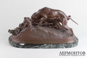 Скульптура Охотничьи собаки с зайцем. Париж, авт. Jules Moigniez, кон. 19 в. Бронза.