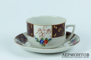 Большая чайная пара ВСХВ. Полонский фарфоровый завод, Украина. 1953 - 1957 гг. Фарфор, роспись.