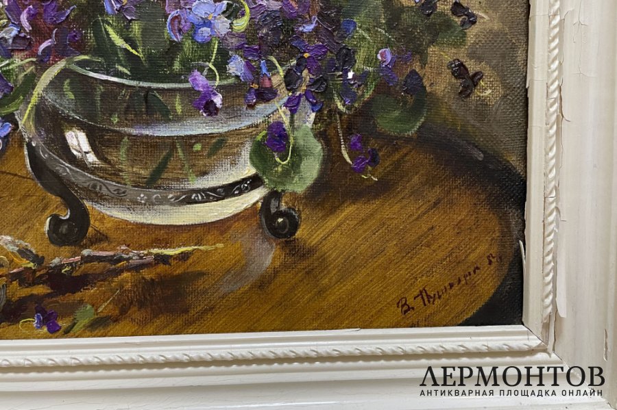 Картина Натюрморт с цветами Анютины глазки. СССР, В. Пушкарева, 1982 год. Х.м.