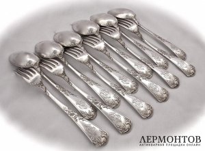 Столовый набор на 6 персон Puiforcat. Серебро 950. Франция