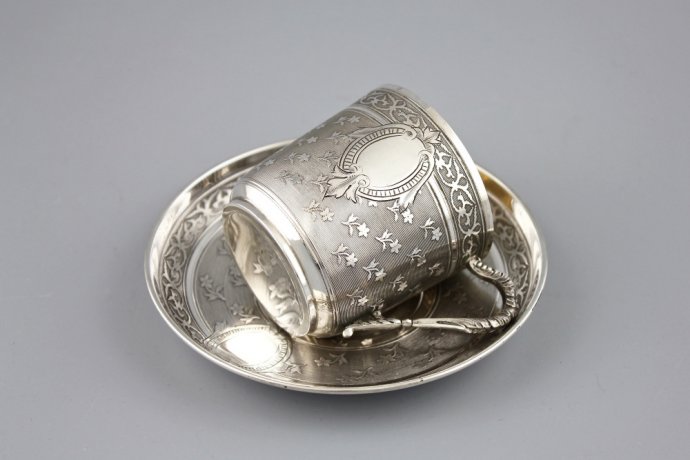 Кофейная пара. A. Debain. Серебро 950 пробы, гильоше. Франция, 1900-е.