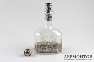 Графин с травлением по стеклу и пасторальными сценами. Стекло, серебро 925 пр. Англия