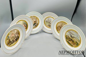 Комплект тарелок «Рейнеке-лис» по рисункам В. фон Каульбаха. Фарфор, роспись, Германия, середина 19 века