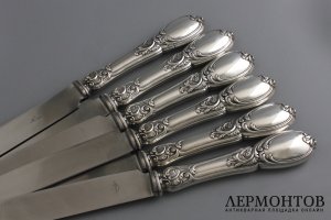 Набор столовых ножей. Серебро 950 пробы, сталь. Франция, конец XIX - нач. XX в.
